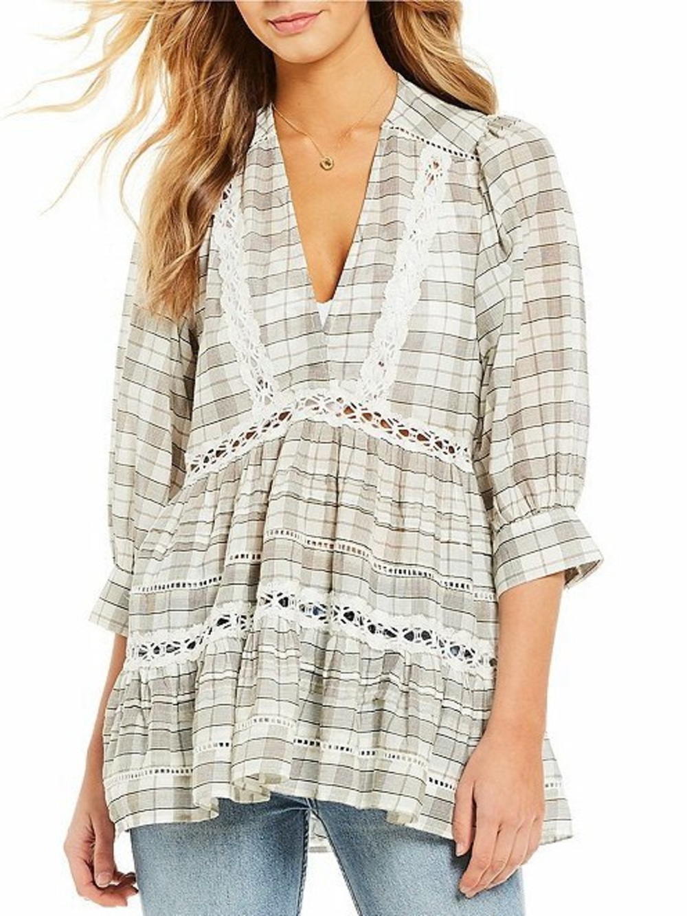 Free People Time Out Tunic Plaid Lace Trim Gray & White Small
